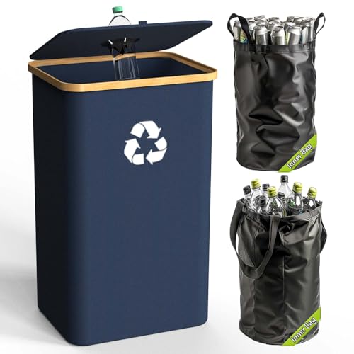 Recycling Bin for Kitchen Indoor Home, Large 100L/ 26 Gallon Recycle Bin with Lid Removeable Reusable Inner Bag Bottle Can Glass Waste Plastice Stickers (Blue, 26 Gallon) - size: Blue-26Gallon