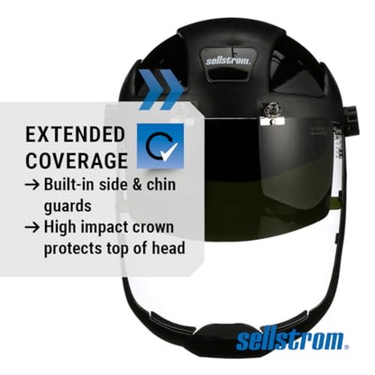 Sellstrom DP4 Face Shield - Lightweight Mask with High Impact Crown & Ratchet Headgear for Work, Grinding, Plasma/Flame Cutting - ANSI Z87.1 - Clear Anti Fog Polycarbonate Window - UV/IR Flip Up Visor - style: Shade 6 Infrared Visor W/ Chinguard