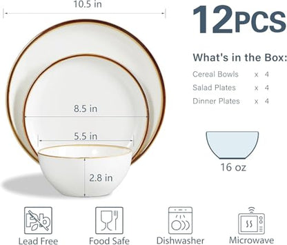 ONEMORE Plates and Bowls Set, Dinnerware Sets for 4, Porcelain Kitchen Dishes Set 12pcs, Scratch Resistant, Modern Aesthetic Dishware Sets- Microwave & Dishwasher Oven Safe,Farmhouse Style Cream White - color: Cream White
