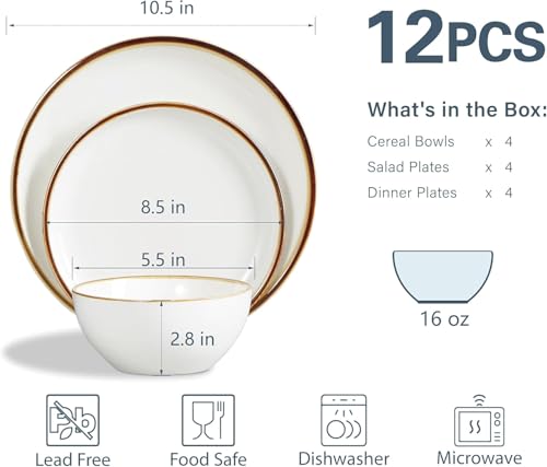 ONEMORE Plates and Bowls Set, Dinnerware Sets for 4, Porcelain Kitchen Dishes Set 12pcs, Scratch Resistant, Modern Aesthetic Dishware Sets- Microwave & Dishwasher Oven Safe,Farmhouse Style Cream White - color: Cream White