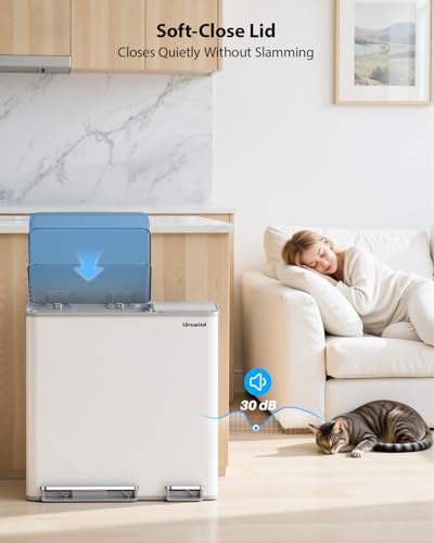Lovewind Dual Trash Can, 14 + 6 Gallon Garbage Can for Kitchen Dual Compartment Recycling Kitchen Step Trash Bin, Stainless Steel Trash and Recycle Bin Combo with Soft-Close Lid, White - color: White, size: 14 + 6 Gallon