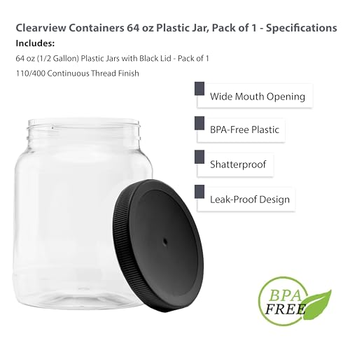 1 Pack - 64 oz (Half Gallon) Plastic Storage Jars with 110-400 Leak Proof Black Lid, Food Grade, BPA Free, Hand Wash Only (64oz, 1pk, BLK) - size: 1pk - 64oz, Black