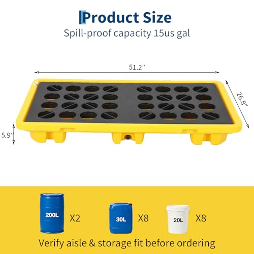 IDEALHOUSE 2-Drum Spill Containment Pallet with Drain, HDPE, 51x27x6 in - size: 51.2 x 26.8 x 5.9