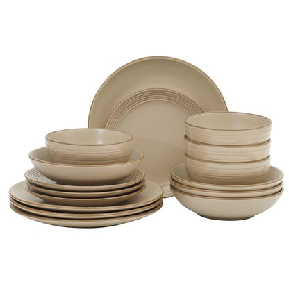Gibson Home Chiswick House 16-Piece Stoneware Dinnerware Set, Round Plates and Bowls Set for 4, Beige with Wax Relief Embossed Rim Detail, Dishwasher Safe – Dinner Plate, Salad Plate & Cereal Bowl - color: Beige w/ Wax Relief Embossed Rim (Chiswick House)