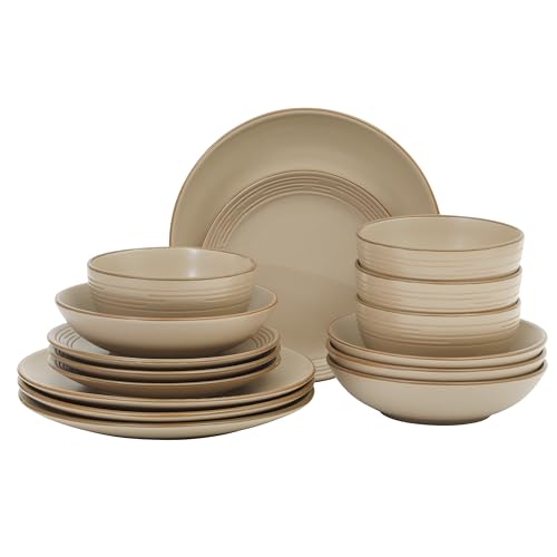 Gibson Home Chiswick House 16-Piece Stoneware Dinnerware Set, Round Plates and Bowls Set for 4, Beige with Wax Relief Embossed Rim Detail, Dishwasher Safe – Dinner Plate, Salad Plate & Cereal Bowl - color: Beige w/ Wax Relief Embossed Rim (Chiswick House)