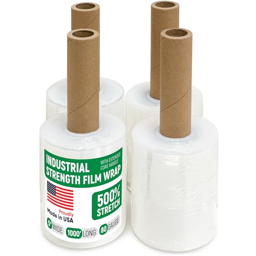 5" x 1000' Industrial Strength Stretch Wrap with Extended Handle, Pack of 4 - size: Pack of 4