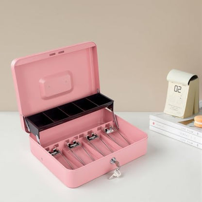 Cash Box with Lock Key and Money Tray, Large Money Box for Cash Register - color: Pink