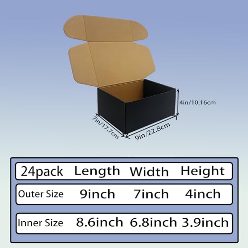 24 Pack 9x7x4 inches Black Shipping Boxes, Corrugated Cardboard Mailers - size: 9x7x4 Inches