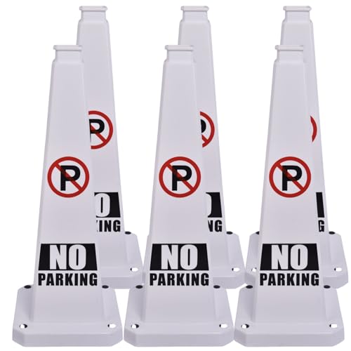 BESEA No Parking Cones 6 Pack, 28 Inch Heavy Duty Weighted Parking Cones - color: White, size: 28INCH With Caution Sign
