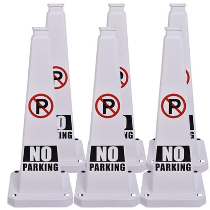 BESEA No Parking Cones 6 Pack, 28 Inch Heavy Duty Weighted Parking Cones - color: White, size: 28INCH With Caution Sign