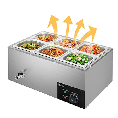 Winado 110V 6-Pan Commercial Food Warmer, 19QT Electric Steam Table 6 Inch Deep, 1200W Countertop Stainless Steel Food Soup Buffet w/Temperature Control & Lid for Catering, Restaurant, Party - size: 19 QT/6 Pan