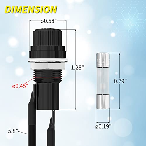 Joinfworld Panel Mount Fuse Holder 5x20mm 12V DC 250V AC Screw Cap Fuse Holders with Pre-Soldered Wires and Fast-Blow Glass Tube Fuses - 5Pack