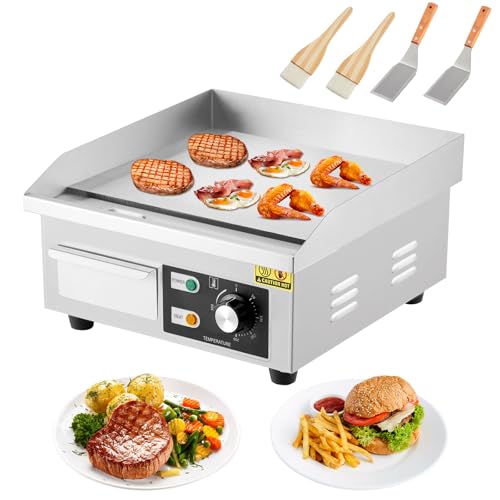 Commercial Electric Griddle 14 Inch – 1500W Stainless Steel, Non-Stick Flat Top Teppanyaki Grill, Adjustable Temp 50°C-300°C (122°F-572°F), Includes 2 Shovels & 2 Brushes, Countertop