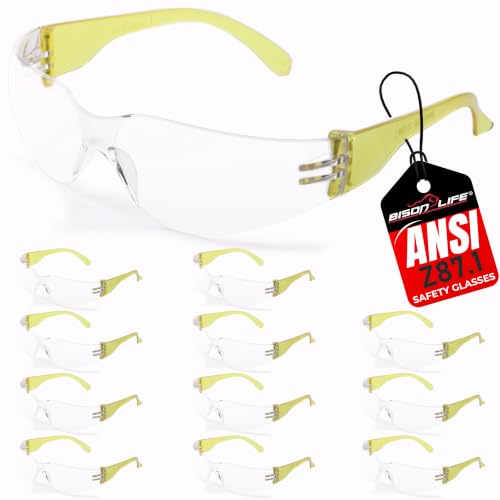 BISON LIFE Clear/Yellow Safety Glasses for Men & Women, ANSI Z87.1, 12 Pack - color: Clear/Yellow