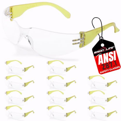 BISON LIFE Clear/Yellow Safety Glasses for Men & Women, ANSI Z87.1, 12 Pack - color: Clear/Yellow