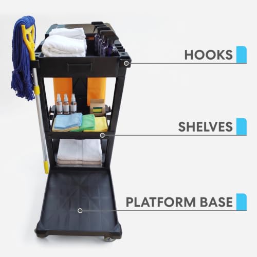 Simpli-Magic Janitorial Cart, 330 lbs Capacity – 3-Shelf Commercial Housekeeping Cleaning Cart on Wheels, 25 Gallon Bag with Lid – Stable, Smooth Movement