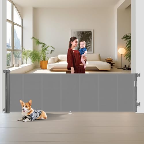 Miumoon 150 inch Reinforced Retractable Baby Gates 34 inch Tall - color: Gray, size: 34" Tall x 150" Wide