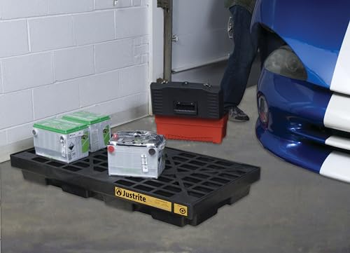 Justrite Low Profile 2 Drum Spill Containment Pallet Accumulation Center - 5.5" Tall - 24 Gal Capacity for 55 Gallon Drum Containment - Made in the USA from 100% Recycled Polyethylene - Black - 28655 - color: Black, style: 2 Drum