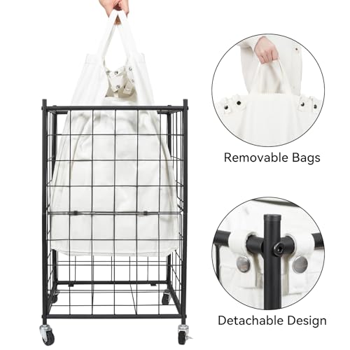 WOWLIVE Rolling Laundry Basket, Metal Wire Frame Laundry Hamper with Wheels - color: Black and White, size: 100l