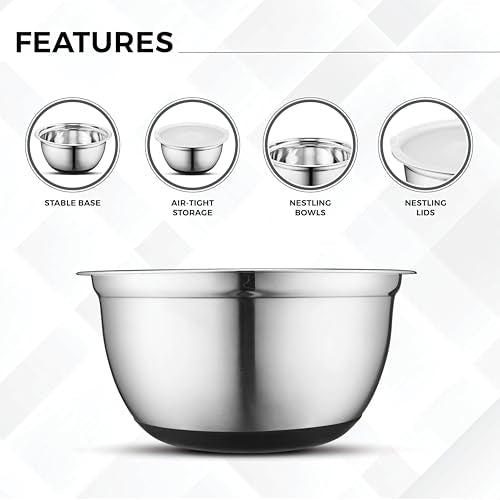 Avador Premium Stainless Steel Mixing Bowls with Lids Non-Slip, Set of 5 Mixing Bowl Set with Silicone Base, Space Saving, Great for Cooking, Baking, Prepping (0.25qt, 1qt, 1.5qt, 3qt, 5qt)