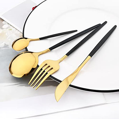 Mirror Cutlery Serving Set, 24-piece 18/0 Stainless Steel Silverware With Black Handle Simple & Modern Tableware For Home Party Restaurant Christmas Dinner, Service For 6 (Black Gold) - color: Black/Gold