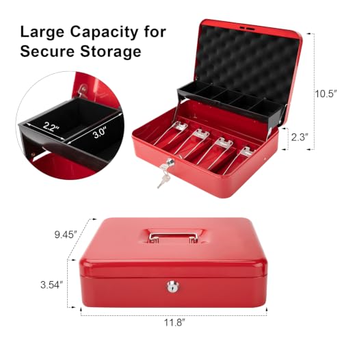 Jssmst Metal Cash Box with Money Tray and Lock, Portable Cash Drawer, 11.8" - color: Red Key