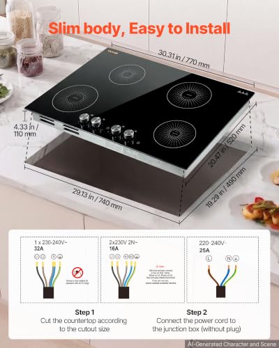 VEVOR Induction Cooktop 30inch 4 Burners Built-in Electric Stove 220V 7200W, Low-Power Continuous Heating, Induction Burner for Kitchen, with 11 Power Levels, Knob Control, and Child Lock - size: 30In -knob Control