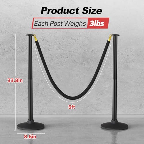 BATTIFE 4 Pack Plastic Stanchion Posts, 3 Black Velvet Ropes, Crowd Control - color: Black, size: 33.8inch