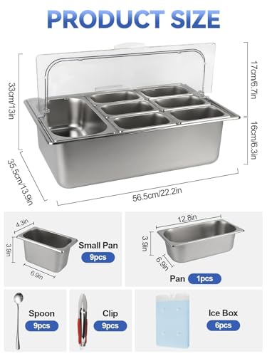 Kalolary 9 Grids Stainless Steel Topping Containers with Flip Lids