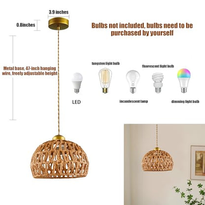 9.8" Large Dome Hemp Rope Pendant Light, E26 Gold Woven Kitchen Lamp - color: Basket Shape, size: 10 inch