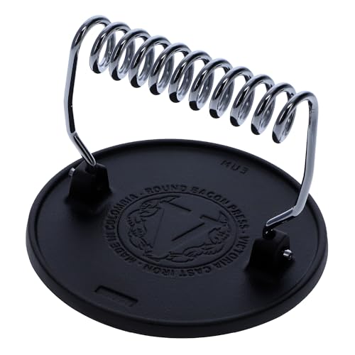 Victoria Round Cast-Iron Meat Press with a Wire Handle, Preseasoned with Flaxseed Oil, Made in Colombia - color: Black