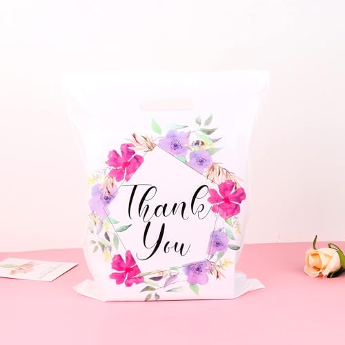 Floral Thank You Bags for Business Small, 100 PCS 12x15 Plastic Bags - color: 100 Pack Floral Thank You Bags