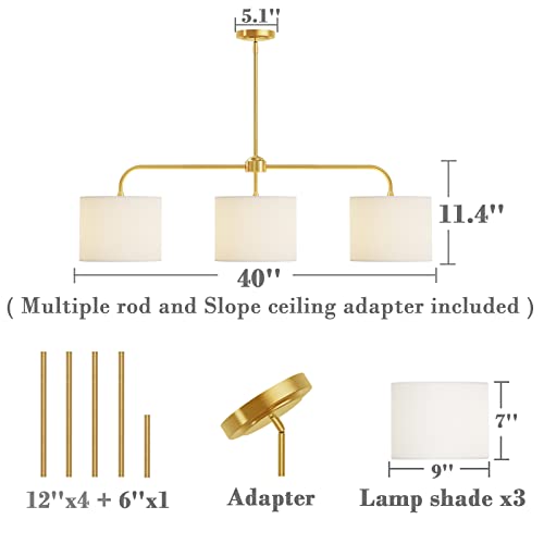 Electro bp 3-Light White Linen Drum Shade Chandelier with Polished Gold Metal Linear Pendant Light Fixture for Kitchen Island, Dining Table, E26, 180W - color: Gold 3-Light Linear