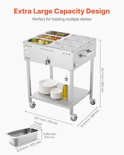 VEVOR 6-Pan Commercial Propane Steam Table, LP Gas Outdoor Soup Warmer with Drain Valve and 3" Wheels, Stainless Steel Propane Food Warmer with Adjustable Temperature, for Restaurant Outdoor Camping - size: 6×1/3 Pan;48QT