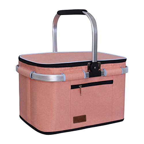 LIQING 35L Large Picnic Basket 2 Layers of Internal Pockets Leak-Proof and Insulated ，Folding with Internal Support for enhansed Stability, Wedding Gifts for Couple(Salmon Color) - color: Salmon Color
