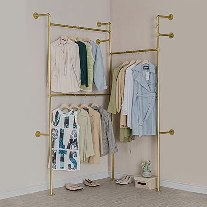 Modern Simple Industrial Pipe Double Hanging Rods Clothing Rack, Clothes Rack Wall Mounted Heavy Duty Hanging Clothes Rack, Detachable Garment Bar 93.7X84inch (Gold) - style: 3-Hanging Gold