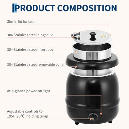 GarveeHome Soup Warmer, 10.5 Quarts Commercial Grade Soup Kettle with Hinged Lid and Detachable Stainless Steel Insert Pot, Food Warmer with Anti-Scald Handle for Restaurants, Buffet, Catering - size: 10.5 QT, Hinged Lid