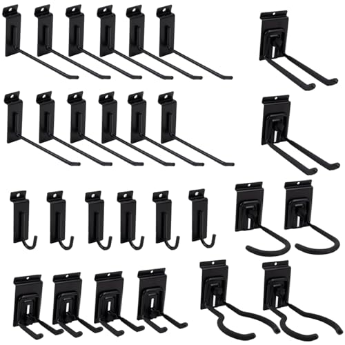 Slat Wall Accessories Garage Hooks Heavy Duty Slatwall Panel Hook Locking Bike Hook for Slat Wall Hooks for Hanging Ladder Storage System Black Accessory for Power Tools Organizer (28 Hook) - color: Black, size: 28pcs