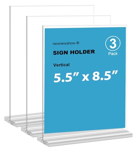 newnewshow Acrylic Sign Holder 5.5x8.5 Inch 3 Pack Vertical T Shape Double-Sided Desktop Display Holder. (Optional 8.5x11 8.5x5.5 5x7 Horizontal and Vertical) - size: 3 Pack 5.5x8.5