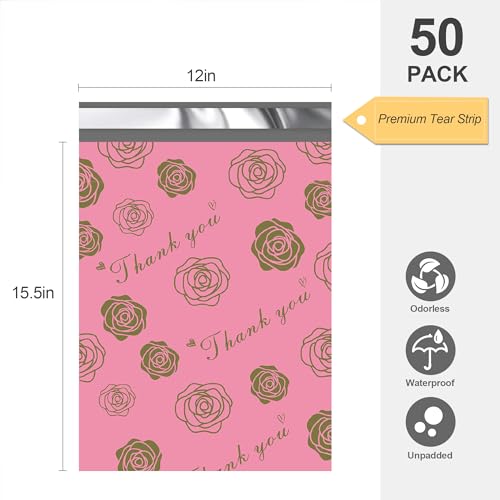 JinRuiKJ Thank You Poly Mailer 12x15.5 50 Pack, Gold Rose Design - color: Gold Rose, size: 12x15.5'' - 50 Pack