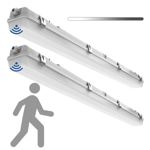 4FT LED Vapor Tight Light, Tri-Level Motion Sensor, IP65 IK08, 20W(2500lm)/40W(5000lm), 5000K, 100-277V, Dimmable, Outdoor Waterproof Shop Light, Vapor Proof Lighting Fixture for Carport, FCC, 2-Pack - size: 4FT 2 Pack
