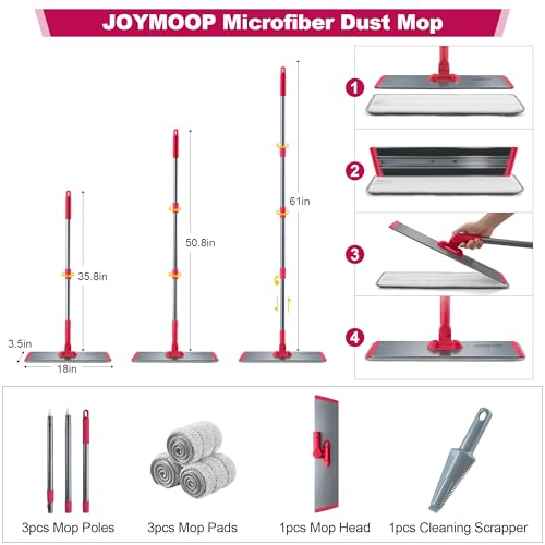 JOYMOOP 18 Inch Dust Mop for Hardwood Floors, Heavy Duty Industrial Wet Dry Mops with Telescopic Handle, Includes 3 Microfiber Mop Pads - Red-Grey - color: C