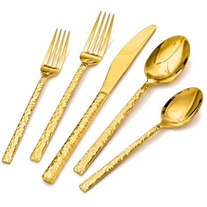 60 Piece Gold Silverware Set,18/10 Stainless Steel Hammered Flatware for 12 - color: Gold, size: 60-Piece