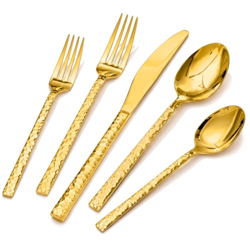 40 Piece Gold Silverware Set, 18/10 Stainless Steel Hammered Flatware for 8 - color: Gold, size: 40-Piece