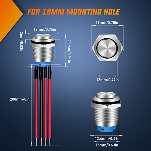 Nilight 16mm 12V Latching Push Button Switch Pre-Wired LED 5 Pack Kit - color: 5Pcs 16mm Switch