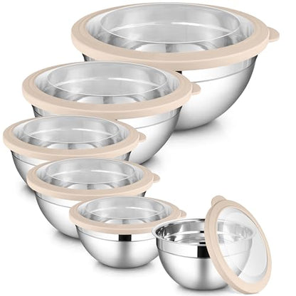LIANYU 6 PCS Stainless Steel Mixing Bowls with Visible Lids for Cooking - color: Khaki, style: Atlas Base with Visible Lids