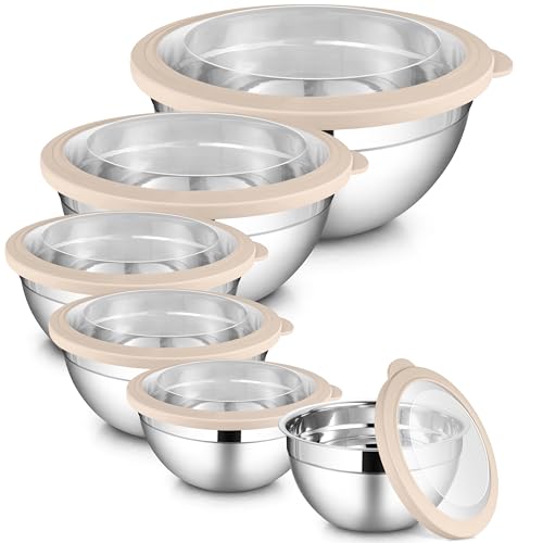 LIANYU 6 PCS Stainless Steel Mixing Bowls with Visible Lids for Cooking - color: Khaki, style: Atlas Base with Visible Lids