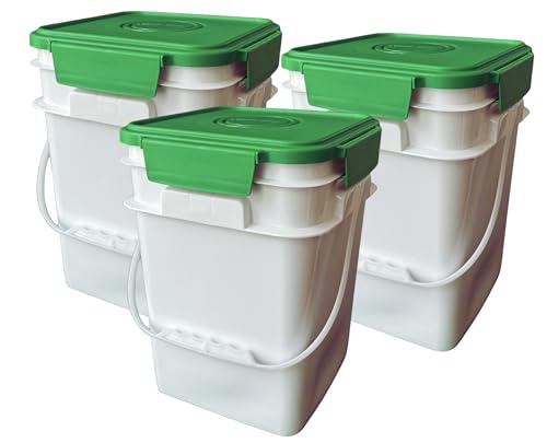 House Naturals 4 Gallon Square Food Grade Bucket Pail with Plastic Handles and Lid (Pack of 3) Made in USA containers (White - Green lid) - color: White - Green Lid