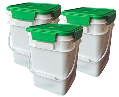 House Naturals 4 Gallon Square Food Grade Bucket Pail with Plastic Handles and Lid (Pack of 3) Made in USA containers (White - Green lid) - color: White - Green Lid