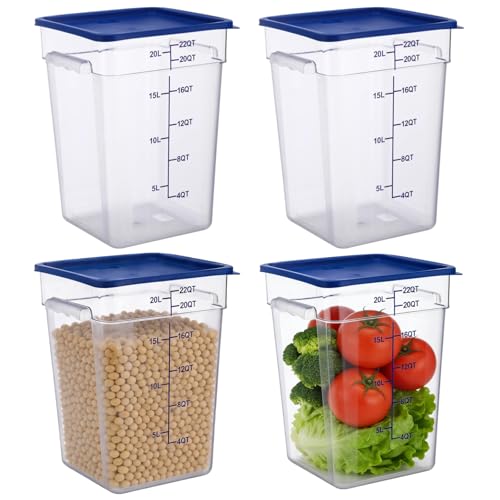4 Pcs Food Storage Containers Set, 22 Quart Square Plastic Commercial Food Storage Bins with Lids, Clear Organizer Boxes with Measurement Scale, Ideal for Home Kitchen, Supermarket & Restaurant